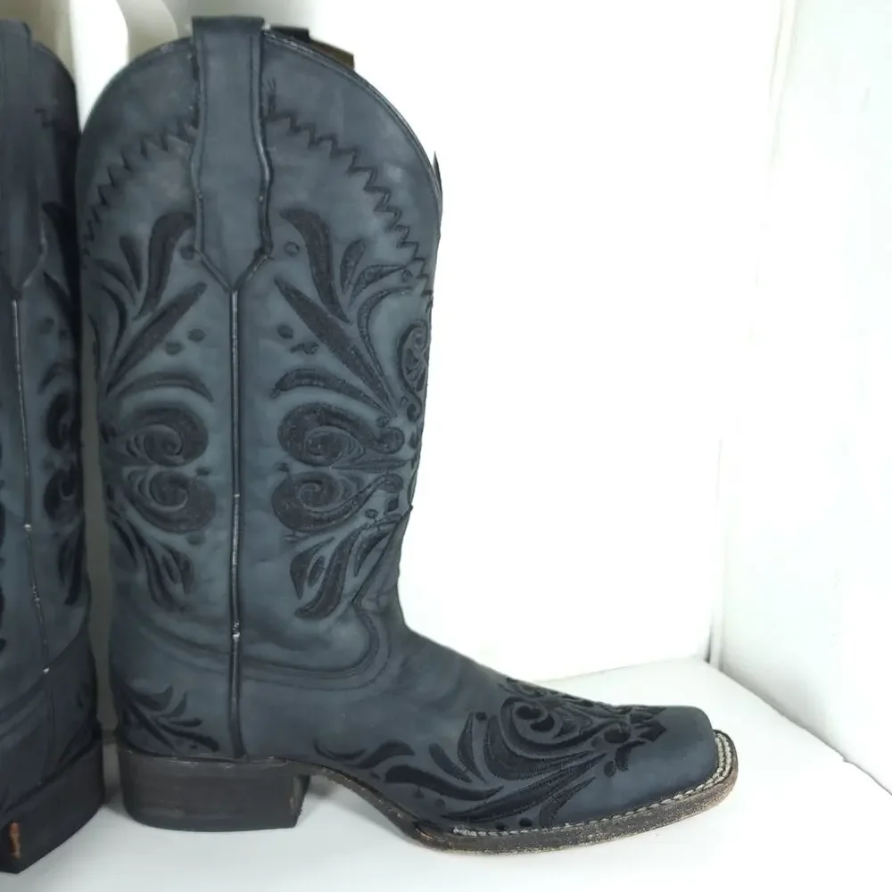 CORRAL Circle G Women’s US9M Black Distressed Leather Square Toe Western Boots